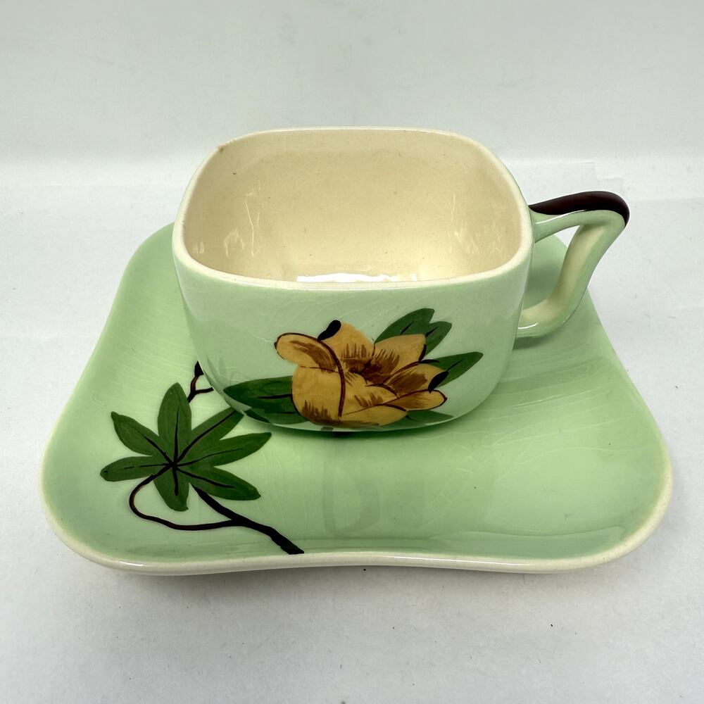 Weil Ware California Pottery Cup & Plate Set Hand Decorated Bamboo Lotus Vintage